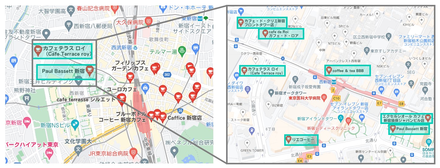 縮尺によって表示されるピンの数が変わる例