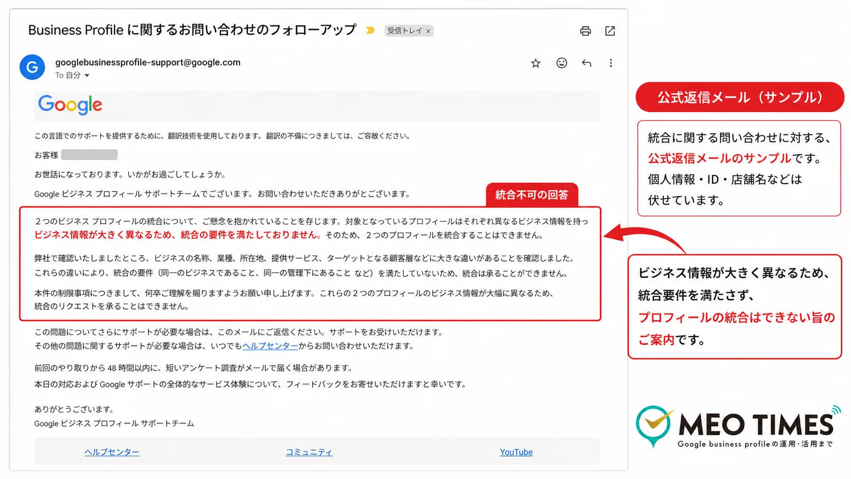 Googleビジネスプロフィールサポートからの返信メール。ビジネス情報が大きく異なるため統合の要件を満たさず、2つのプロフィールを統合できないと回答された画面