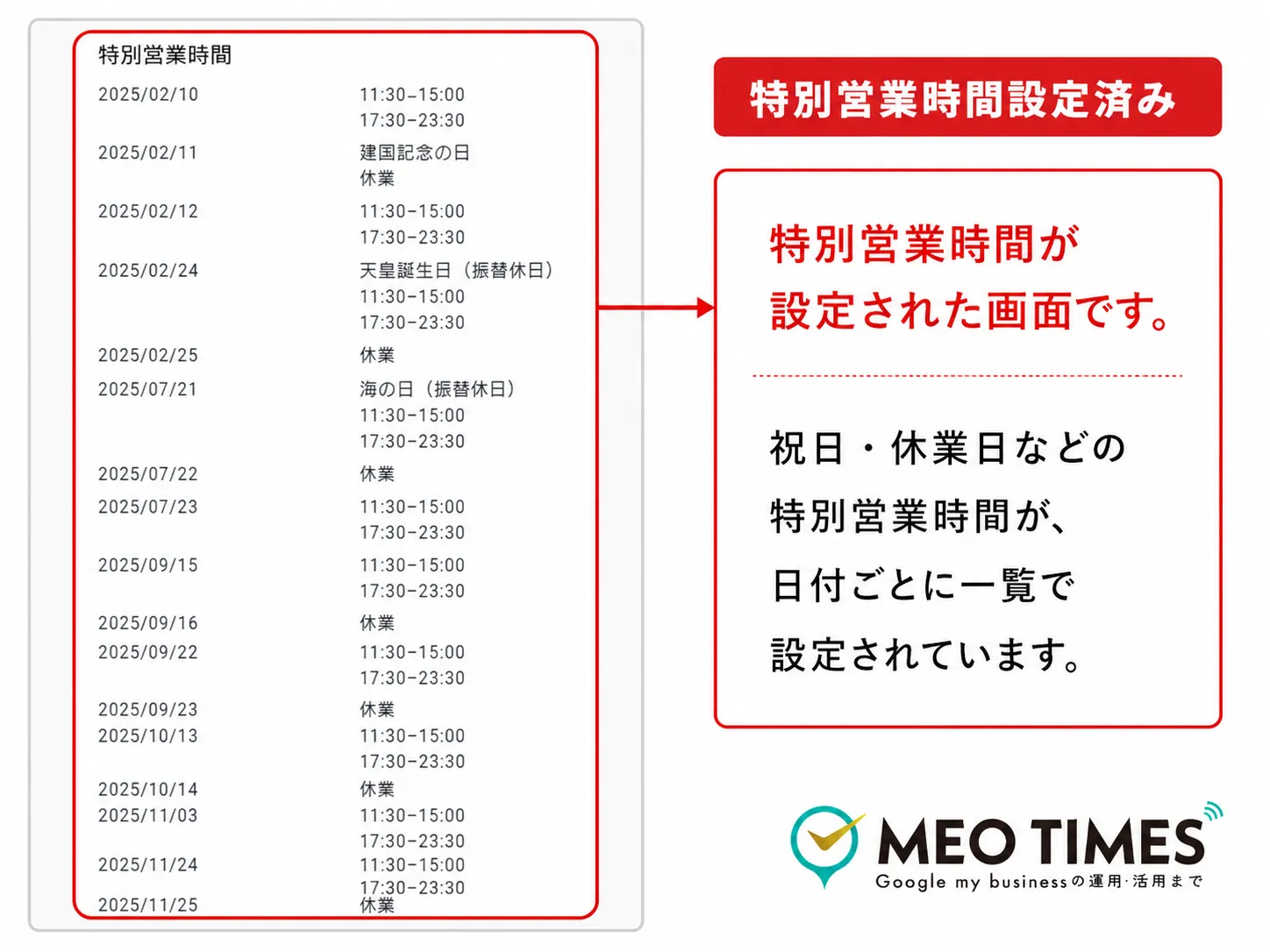Googleビジネスプロフィールの特別営業時間の設定画面。建国記念の日や海の日などの祝日と休業日が、日付ごとに一覧で設定されている状態