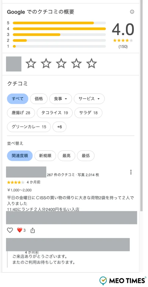 Googleビジネスプロフィールのクチコミ画面。星評価の内訳・クチコミ件数と、実際のクチコミ本文の例(店舗名・投稿者名はマスク済み)