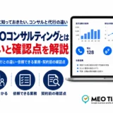 MEOコンサルティングとは何かを、運用代行との違い、依頼できる業務、契約前の確認点の3つの観点で解説する記事のアイキャッチ