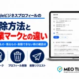 Googleビジネスプロフィールの削除方法と閉業マークの違いを解説する画像。ノートPCの画面に、営業時間設定で閉業を選んだ画面と、プロフィールを削除する画面が映っている