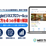 Googleビジネスプロフィールとは？使い方を4つの手順で解説する記事のアイキャッチ。登録と確認・情報を整える・運用と分析の3つのアイコンと、店名を検索した結果を表示したノートパソコンの画面が並んでいる